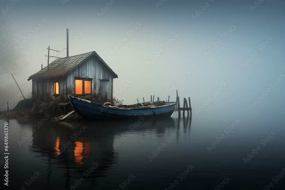 a boat on water by small house, foggy atmosphere, boat in foreground. Generative AI