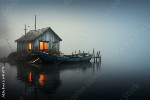 a boat on water by small house  foggy atmosphere  boat in foreground. Generative AI