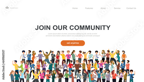 Join our community. Crowd of united people as a business or creative community standing together. Flat concept vector website template and landing page design for invitation to summit or conference 