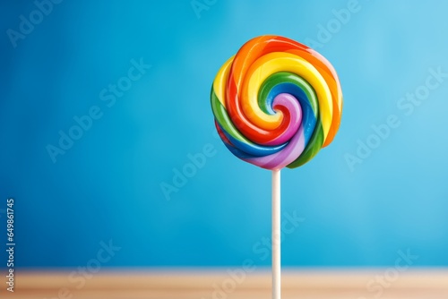 Photo of a vibrant rainbow coloured lollipop on a stick against a vibrant blue backdrop created with Generative AI technology