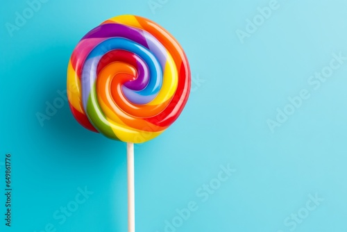 Photo of a vibrant rainbow coloured lollipop on a stick against a vibrant blue backdrop created with Generative AI technology
