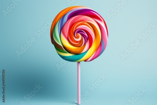 Photo of a vibrant rainbow coloured lollipop on a stick against a vibrant blue backdrop created with Generative AI technology