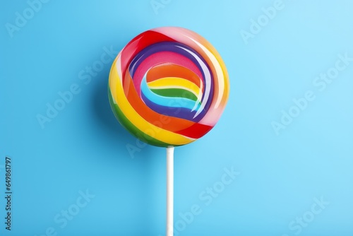 Photo of a vibrant rainbow coloured lollipop on a stick against a vibrant blue backdrop created with Generative AI technology