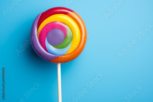 Photo of a vibrant rainbow coloured lollipop on a stick against a vibrant blue backdrop created with Generative AI technology