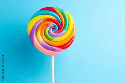 Photo of a vibrant rainbow coloured lollipop on a stick against a vibrant blue backdrop created with Generative AI technology