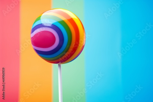 Photo of a vibrant rainbow lollipop against a colourful backdrop created with Generative AI technology