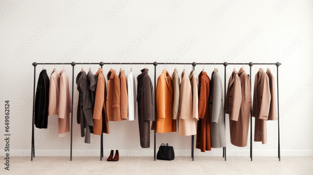 display of autumn outerwear on hangers over a white wall, featuring warm jackets and coats in neutral colors. display of autumn outerwear on hangers over a white wall, featuring warm jackets and coats in neutral colors.