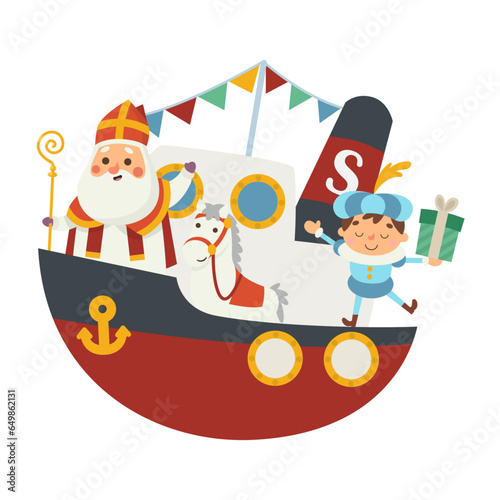 Happy Saint Nicholas or Sinterklaas and friends are coming to town at boat - vector illustration isolated on transparent background