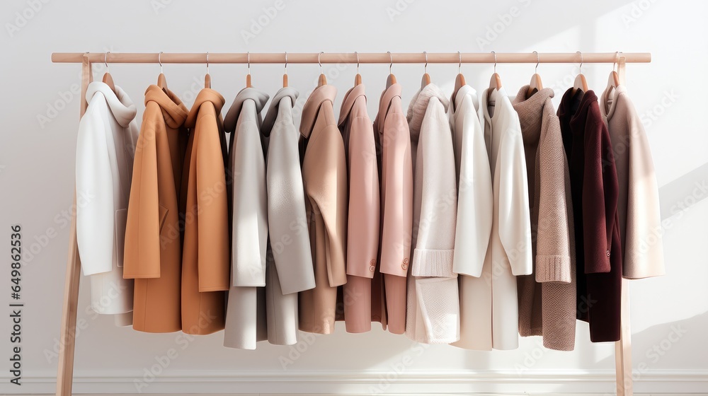 display of autumn outerwear on hangers over a white wall, featuring warm jackets and coats in neutral colors.