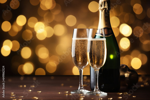 Opened champagne bottle and two champagne glasses with bokeh background. AI generated