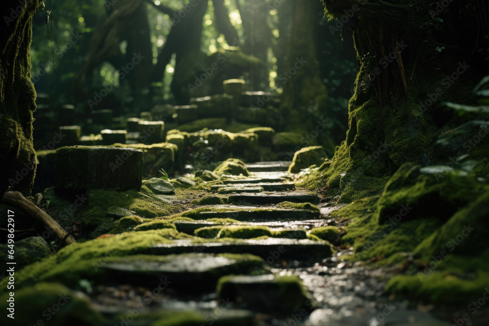 A moss covered old stone pathway in a forest. Mystic atmosphere. Generative AI