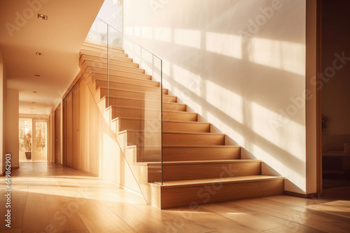 Wooden staircase to first floor inside contemporary house. Generative AI
