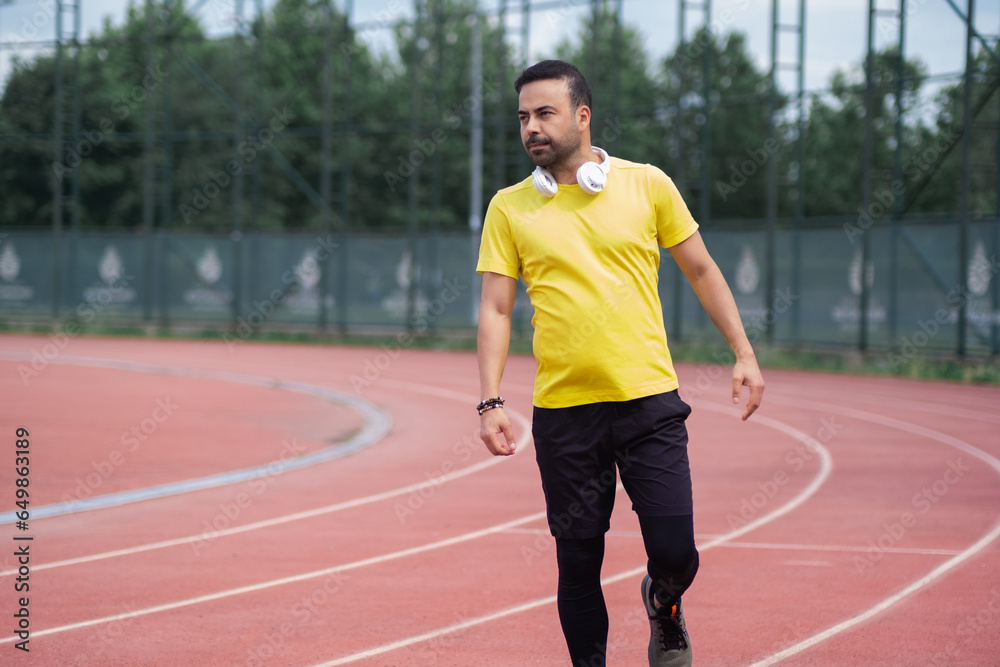 Bearded man in yellow t-shirt with wireless headphones standing on empty running track with red surface and white marking at contemporary sports ground in urban park