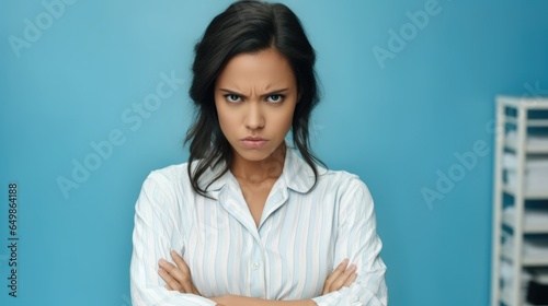 Young woman frowning face in displeasure and keeps arms folded.