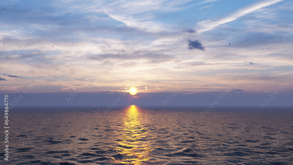 Fototapeta premium Panorama of sea sunset, ocean sunrise, seascape. Inspirational calm sea with sunset sky. Meditation ocean and sky background. Colorful horizon over the water.