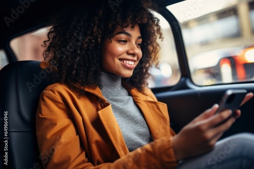 Cheerful young woman smiling while sitting on car seat and looking at smartphone, copy space. Elegant clothing looking at a map, responding to a text, getting directions. Generative ai