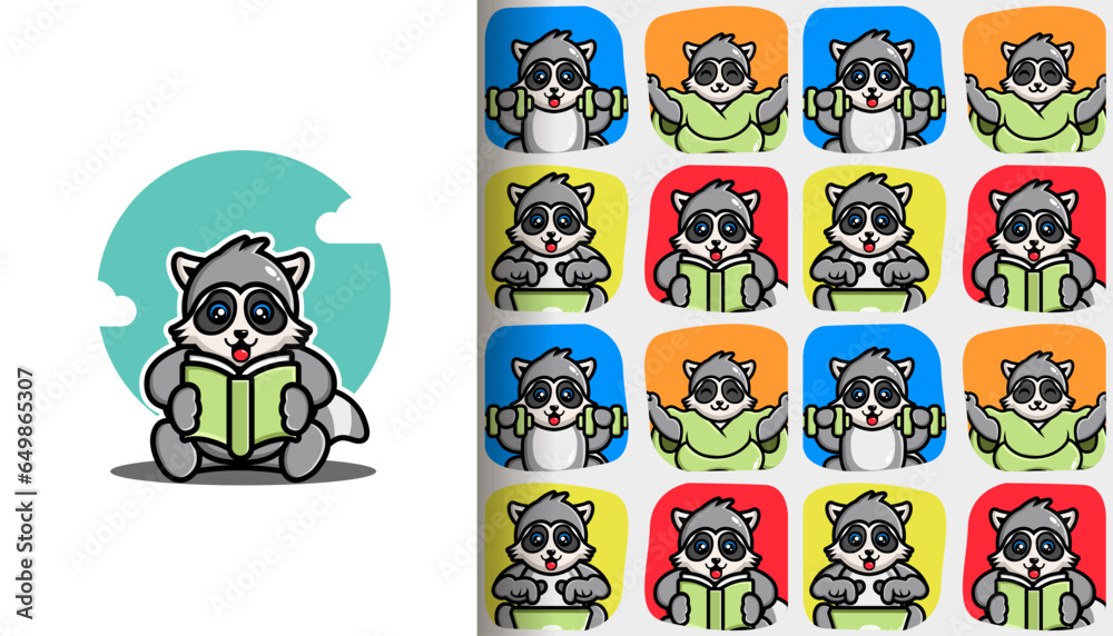 Seamless pattern cute raccoon cartoon