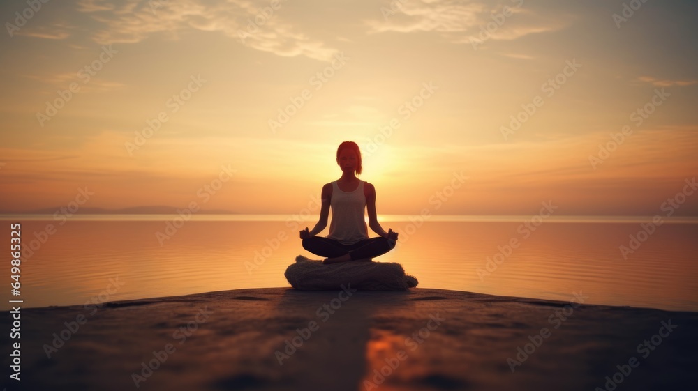 Woman Backlit in Yoga Pose in calm sunrise Zen. Generative AI image weber.