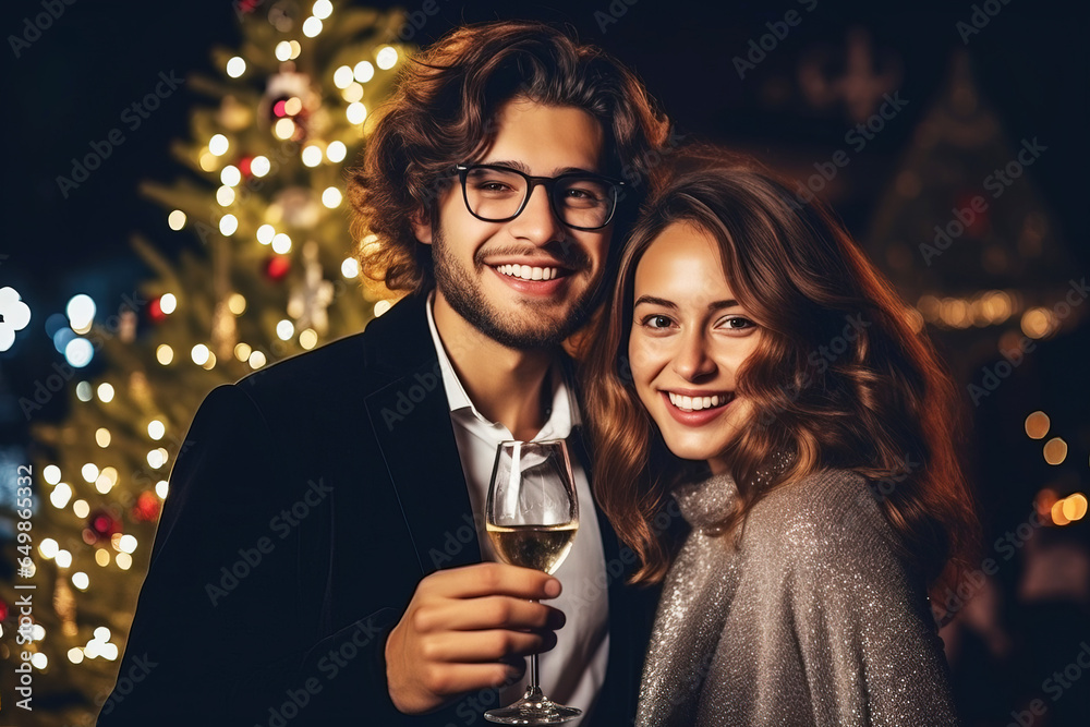 A happy young couple, a man and an attractive girl, with glasses of champagne by the Christmas tree. Meeting the new year