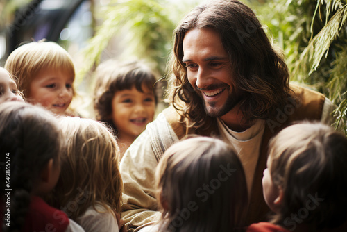 Jesus Christ talking to children, Jesus and children smiling. Generation AI