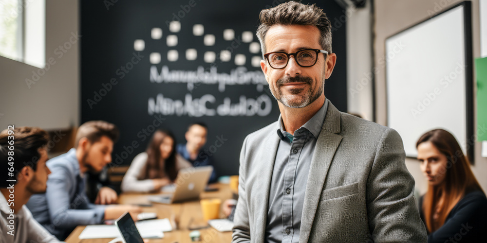 Business academia: teacher elucidating labor relations, marketing, and more. Business academia: teacher elucidating labor relations, marketing, and more.
