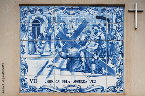 Painted Ceramic Tile Depicting The Seventh Station Of The Cross As Jesus Falls For The Second Time; Porto De Mos, Estremadura And Ribatejo, Portugal photo