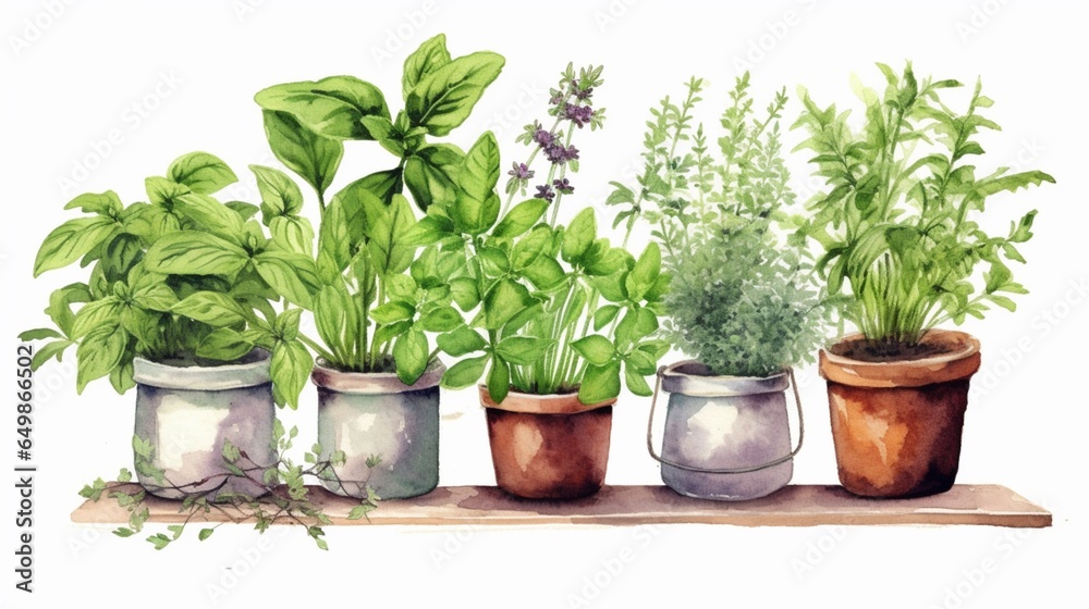 watercolor sketch clipart beautiful kitchen herbs in generative ai