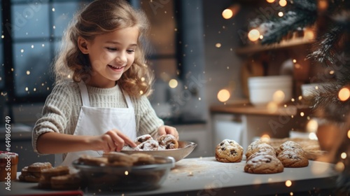 Happy cute little girl preparing cookies for celebration Christmas Eve at home.