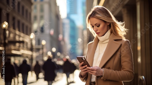 stylish brunette in a brown coat ? her phone against the backdrop of ?iconic cityscape.