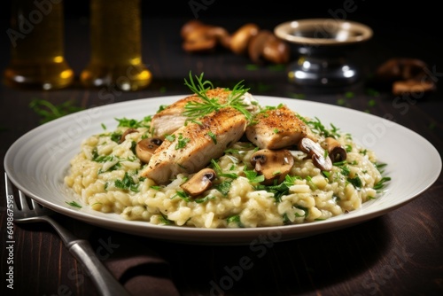Creamy Chicken risotto. Food meat rice. Generate Ai