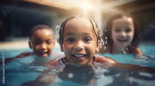 Close up portrait of cute smiling Diverse young children enjoying  swimming lessons in pool, learning water safety skills, activity. Natural sunny Lighting and on a shiny light over bokeh background.  © vita555