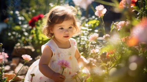 Cute baby girl playing in flower garden