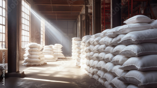 Sugar in a Warehouse. Bags of sugar. Large food warehouse with sugar sacks. Sugar factory. Generative Ai © tong2530