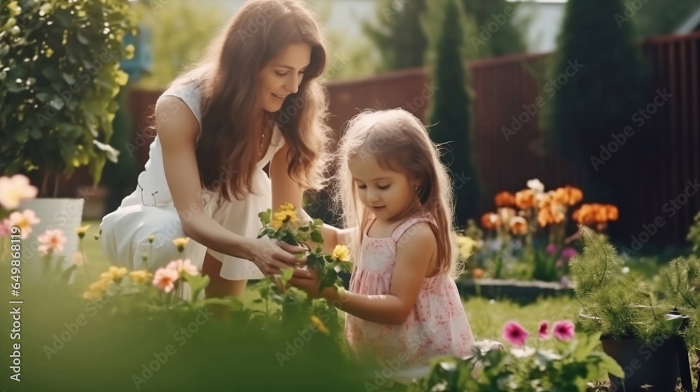 Portrait, mom and daughter playing together in their free time at garden. Cheerful and happy little girl enjoy care for flowers, playing with her mother, collects a bouquet for kids. Happy family conc Portrait, mom and daughter playing together in their free time at garden. Cheerful and happy little girl enjoy care for flowers, playing with her mother, collects a bouquet for kids. Happy family conc
