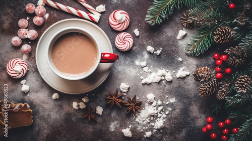 Hot chocolate with marshallows on a wooden surface with red caramel. New Year and Christmas decor and decoration. AI generated photo