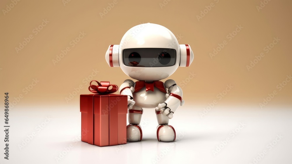 White, modern robot with New Year and Christmas gifts on a plain background. AI generated White, modern robot with New Year and Christmas gifts on a plain background. AI generated