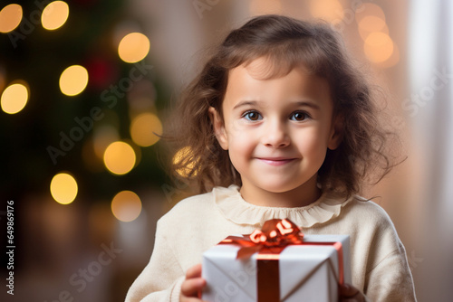 The portrait of a happy little girl holding a gift box wrapped with cute ribbon on a christmas celebration holiday at home. Generative AI. © Surachetsh