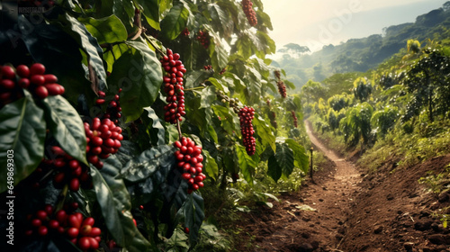 Coffee beans ripening on a tree in a coffee plantation.Organic coffee farm concept. photo