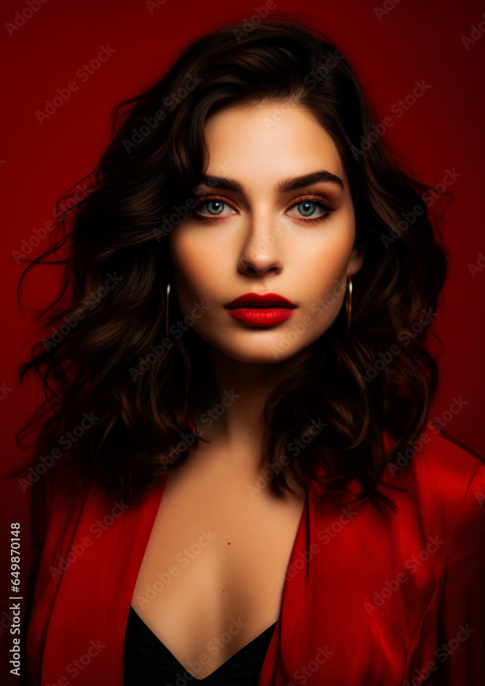 Brunette in red clothes on conceptual red background for frame