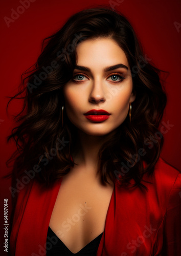 Obraz na płótnie Brunette in red clothes on conceptual red background for frame w salonie