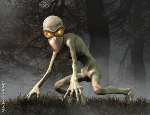 The Dover Demon is a creature sighted several times over a 25-hour period in the town of Dover, Massachusetts, in April 1977. It is considered one of the more unusual cryptids. 3D rendering.