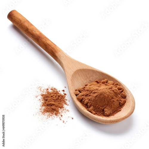A Wooden Spoon of Cinnamon Spice Isolated on a White Background