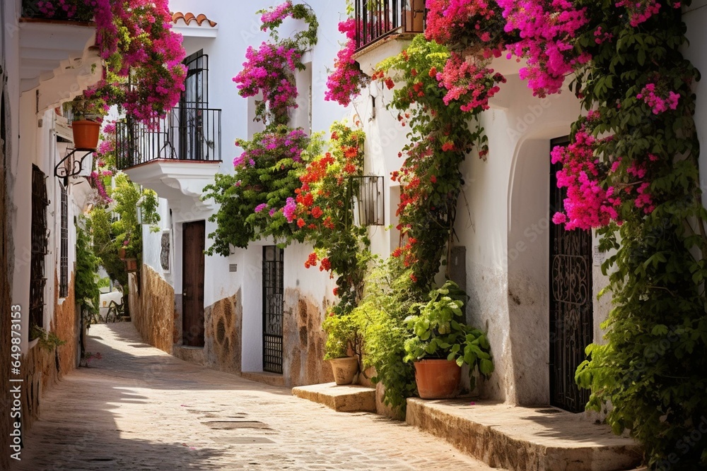 A charming, quaint street in Marbella's historic district, Malaga province, Andalusia, Spain. Generative AI
