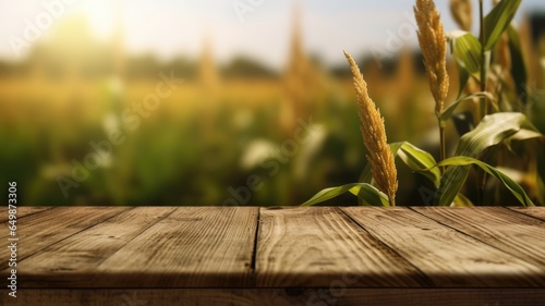 The empty wooden brown table top with blur background of corn field. Generative AI image AIG30.