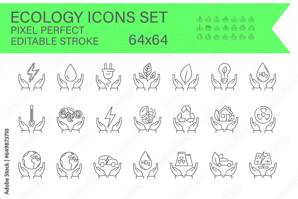 Collection of outline ecology symbols. environment, and sustainability in the form of thin line icons. editable vector strokes and maintain a pixel-perfect resolution of 64x64.