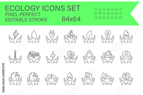 Collection of outline ecology symbols. environment  and sustainability in the form of thin line icons. editable vector strokes and maintain a pixel-perfect resolution of 64x64.