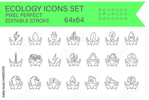 Collection of outline ecology symbols. environment, and sustainability in the form of thin line icons. editable vector strokes and maintain a pixel-perfect resolution of 64x64.