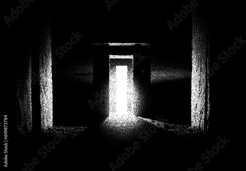 Ancient ruins in sci-fi scene with dotwork retro style. Mysterious gate debris with dramatic lights and retro texture