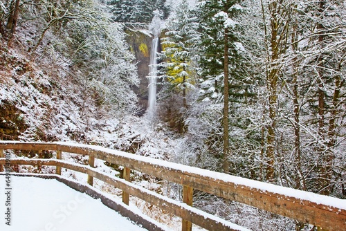 Snow Adds Beauty To Latourell Falls, Columbia River Gorge National Scenic Area; Oregon, United States Of America photo