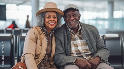Stylishly dressed senior couples at the airport, reading as they prepare for check-in.
